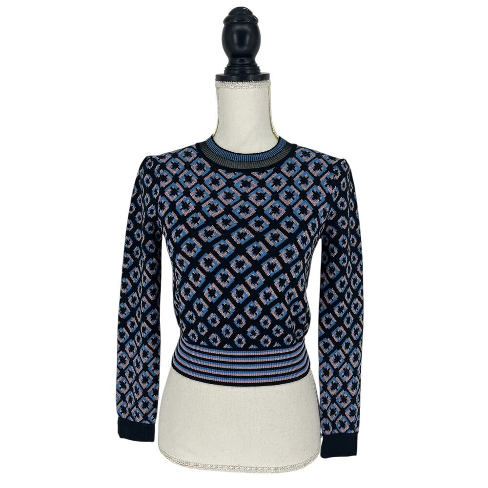 Diane von Furstenberg Merino Wool Blend Cropped Metallic Printed Sweater - Picture 2 of 13